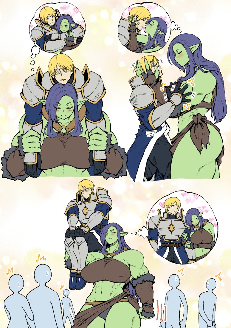1boy 1girl abs amano_jack_(paradise_jack) armor black_sclera blonde_hair breasts comic commentary eyebrows_visible_through_hair eyes_visible_through_hair fantasy green_skin hair_over_one_eye heart large_breasts long_hair muscular_female orc original silent_comic struggling tall_female