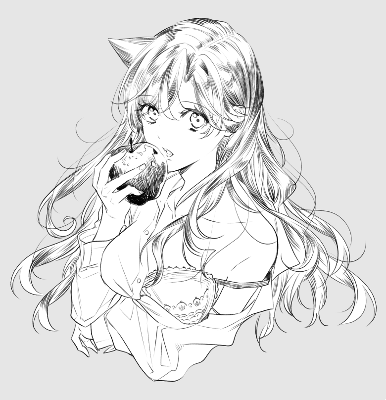 1girl apple bra cropped_torso dress_shirt eyebrows_visible_through_hair floating_hair food fruit greyscale hair_between_eyes holding holding_food long_hair looking_at_viewer meitantei_conan monochrome mouri_ran off_shoulder open_clothes open_shirt ro-a shirt sketch solo underwear upper_body very_long_hair