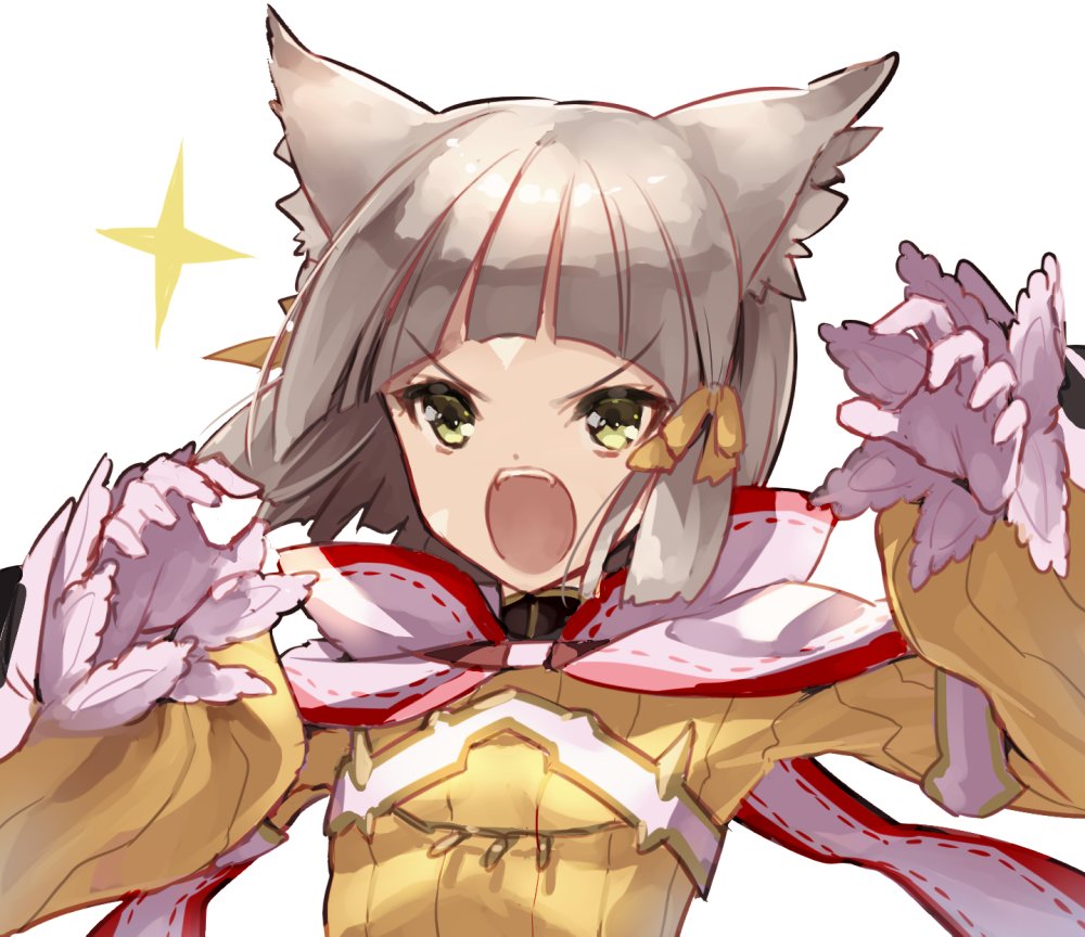 &gt;:o 1girl animal_ears brown_hair cat_ears commentary_request fangs gloves green_eyes jako_(toyprn) nintendo niyah short_hair simple_background solo upper_body white_background white_gloves xenoblade_(series) xenoblade_2