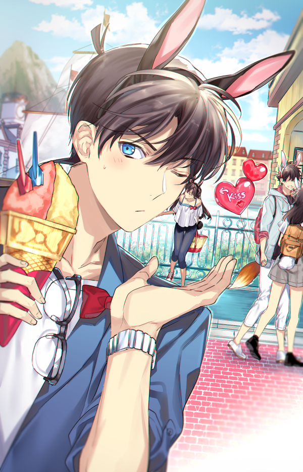 animal_ears black_hairband blue_eyes blue_pants blue_shirt blue_sky bow brown_hair clouds day eyewear_removed fake_animal_ears food grey_shorts hair_between_eyes hairband hand_holding heart holding holding_food kiss kudou_shin'ichi leaning_forward looking_at_viewer meitantei_conan mouri_ran one_eye_closed outdoors pants rabbit_ears red_bow ro-a shirt short_shorts shorts sky solo_focus standing white_shirt