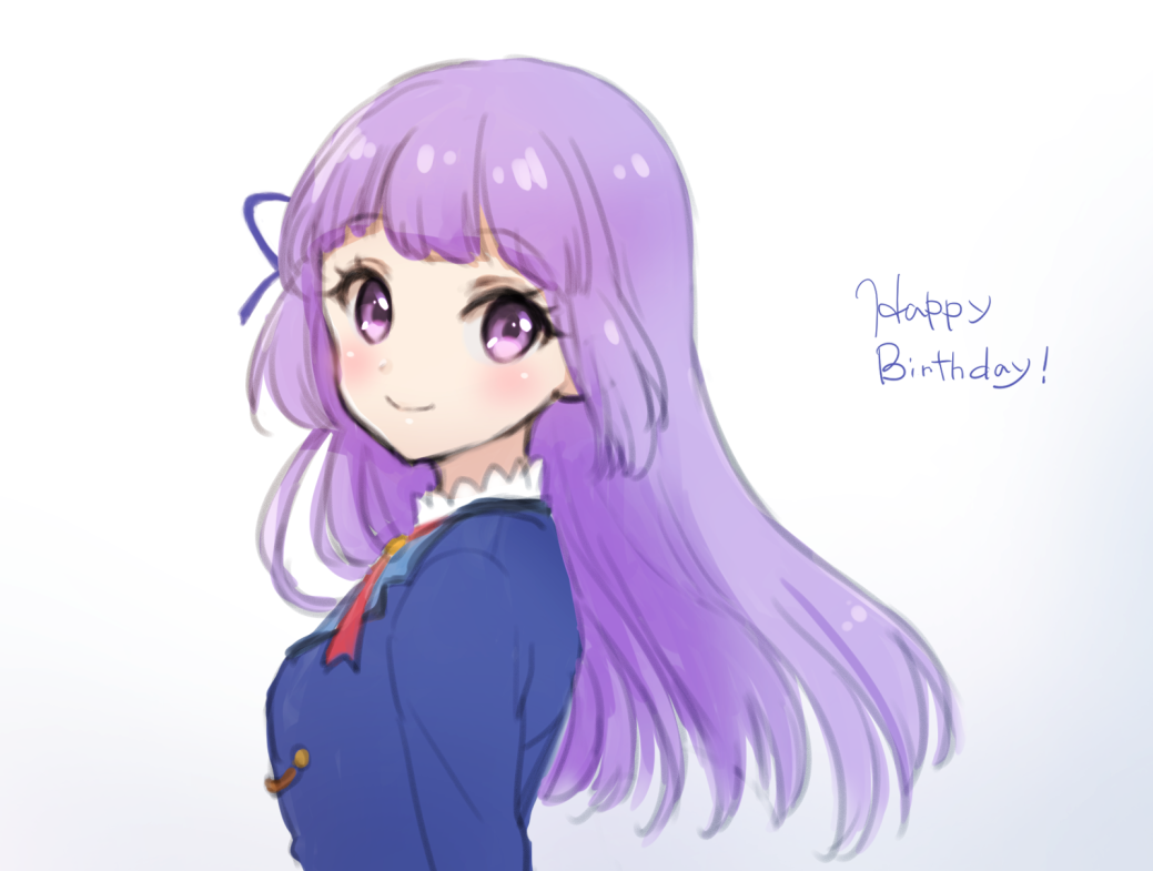 1girl aikatsu! aikatsu!_(series) blue_jacket blush breasts closed_mouth commentary_request gradient gradient_background grey_background hair_ribbon happy_birthday hikami_sumire jacket long_hair looking_at_viewer looking_to_the_side nuno_(pppompon) purple_hair purple_ribbon ribbon small_breasts smile solo starlight_academy_uniform upper_body very_long_hair violet_eyes white_background