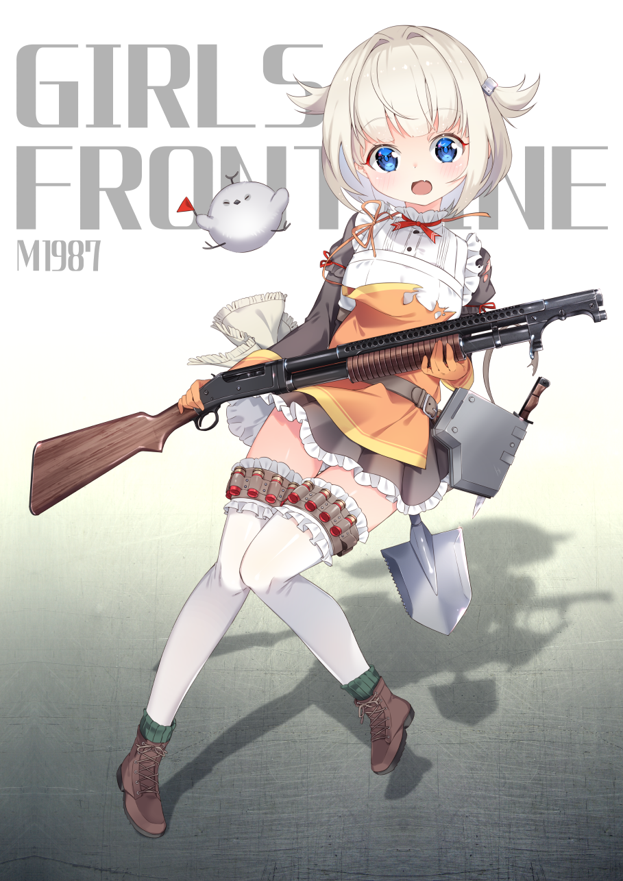 1girl apron arami_o_8 belt blue_eyes blush character_name combat_knife copyright_name fang full_body girls_frontline gun highres holding holding_weapon knife looking_at_viewer m1897_(girls_frontline) maid_apron open_mouth platinum_blonde short_hair shotgun shotgun_shells shovel solo thigh-highs weapon white_legwear