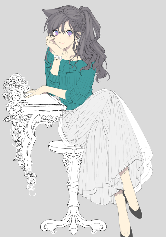 1girl aqua_sweater black_footwear brown_hair chin_rest full_body grey_background hair_between_eyes long_hair long_skirt looking_at_viewer meitantei_conan mouri_ran pumps ribbed_sweater ro-a side_ponytail simple_background sitting skirt solo sweater violet_eyes watch watch white_skirt