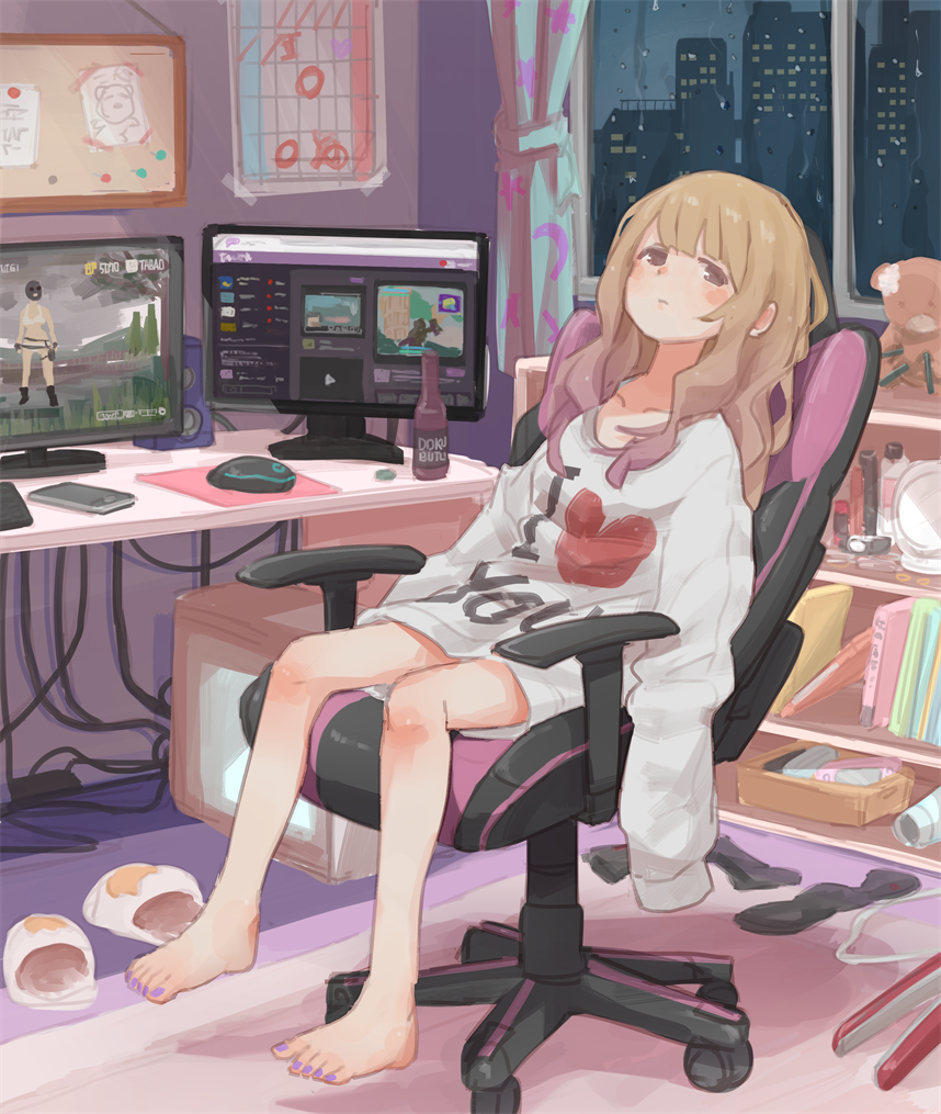 1girl :| bangs barefoot black_eyes blonde_hair blush book bookshelf bottle building bulletin_board cable calendar_(object) cellphone chair closed_mouth clothes_writing commentary_request cosmetics curtains dual_monitor half-closed_eyes hikikomori i_heart... indoors long_hair looking_at_viewer mirror monitor mouse_(computer) nail_polish night no_pants original oversized_clothes phone purple_nails pushpin rain shirt sitting skyscraper sleeves_past_wrists slippers slippers_removed smartphone socks_removed solo speaker stuffed_animal stuffed_toy sweatshirt swivel_chair tabao teddy_bear toenail_polish white_shirt window wireless_mouse