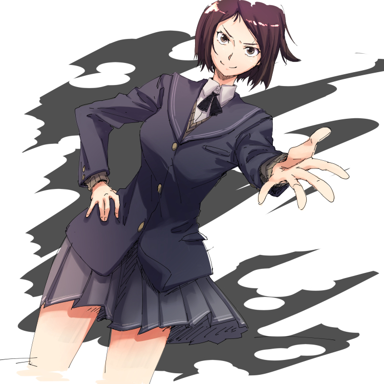 1girl amagami black_jacket blazer brown_eyes brown_hair cowboy_shot determined dutch_angle furrowed_eyebrows grey_skirt hand_on_hip jacket kibito_high_school_uniform kurosawa_noriko light_blue_hair light_smile long_sleeves pleated_skirt reaching_out school_uniform short_hair skirt smile solo sweater_vest wind woori_(jtfy3485)