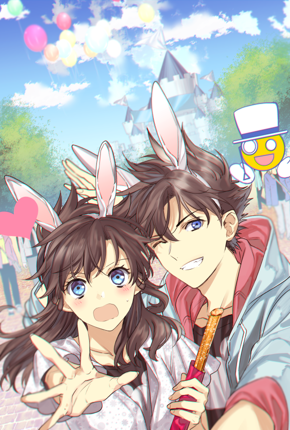 1boy 1girl ;d animal_ears blue_eyes blue_jacket blue_sky brown_hair clouds couple day embarrassed fake_animal_ears floating_hair grin hairband heart holding hood hood_down hooded_jacket jacket kudou_shin'ichi long_hair looking_at_viewer meitantei_conan mouri_ran one_eye_closed open_mouth outdoors outstretched_arm ro-a shirt short_sleeves sky smile upper_body white_hairband white_shirt