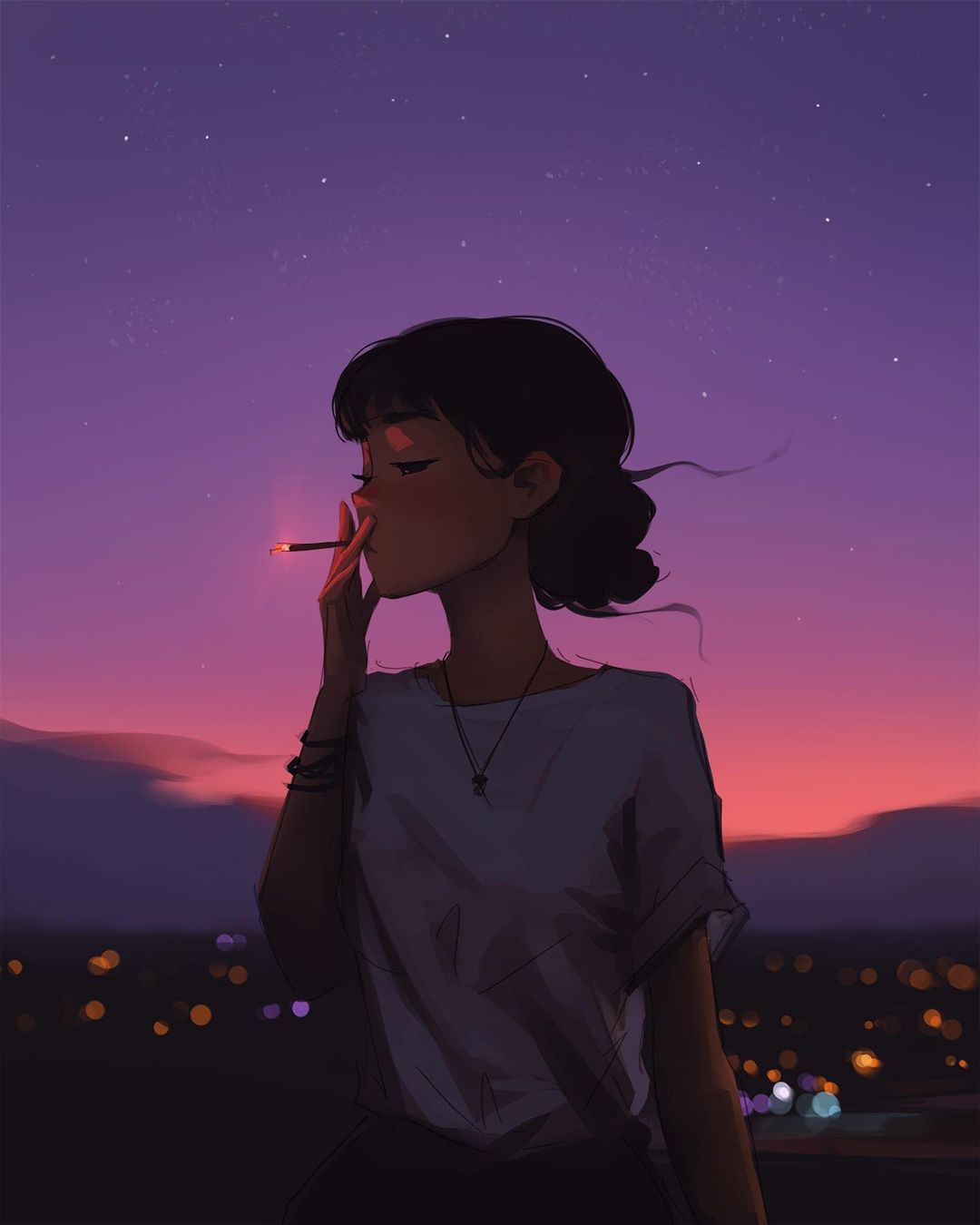 1girl blurry blurry_background cigarette hand_up highres jewelry necklace night outdoors sam_yang short_hair short_sleeves sky smoking solo star_(sky) starry_sky