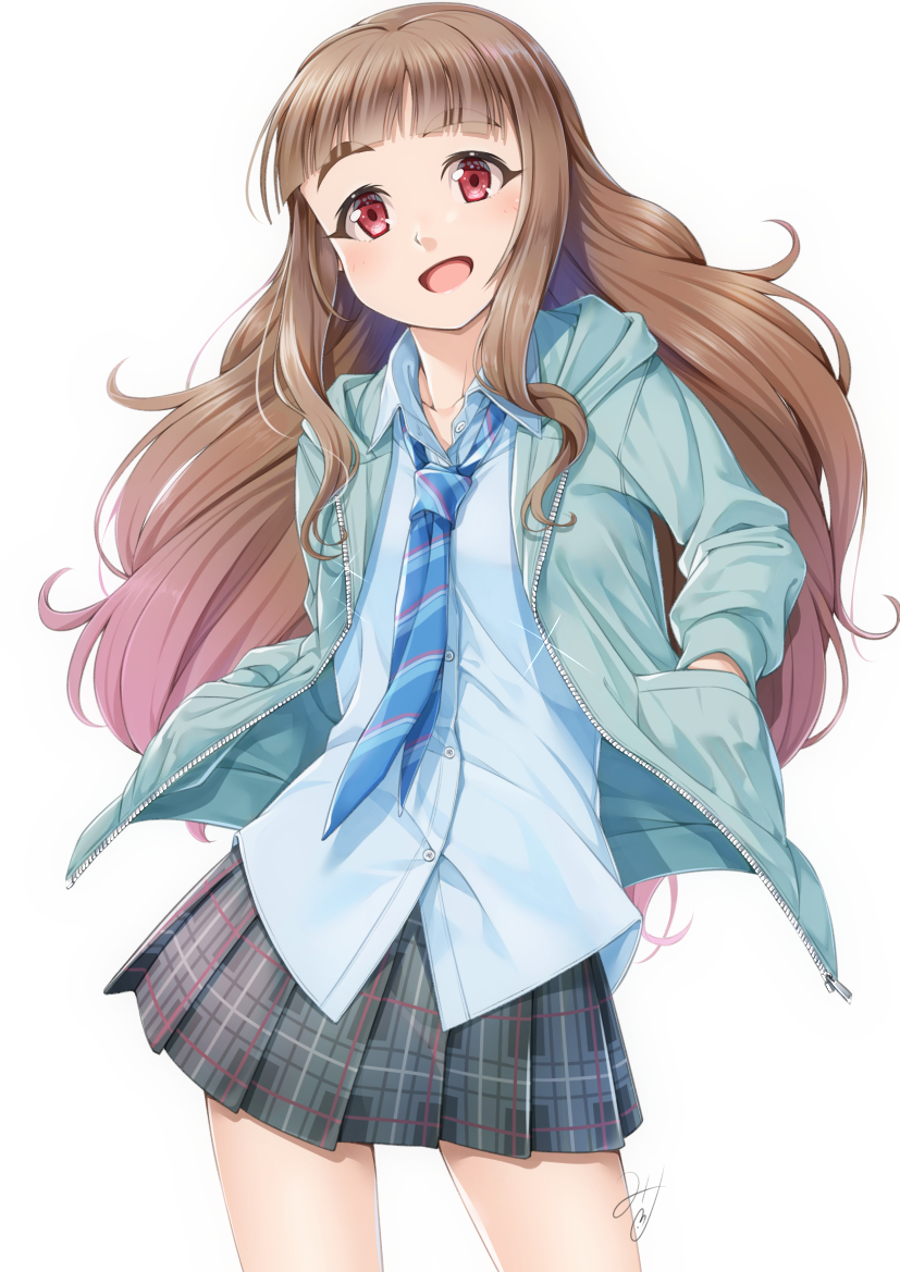 1girl blue_jacket blue_neckwear blue_shirt brown_hair commentary eyebrows_visible_through_hair hair_down hands_in_pockets idolmaster idolmaster_cinderella_girls jacket kamiya_nao long_hair looking_at_viewer miri_(ago550421) necktie open_mouth plaid plaid_skirt pleated_skirt red_eyes school_uniform shirt signature skirt solo striped_neckwear thick_eyebrows