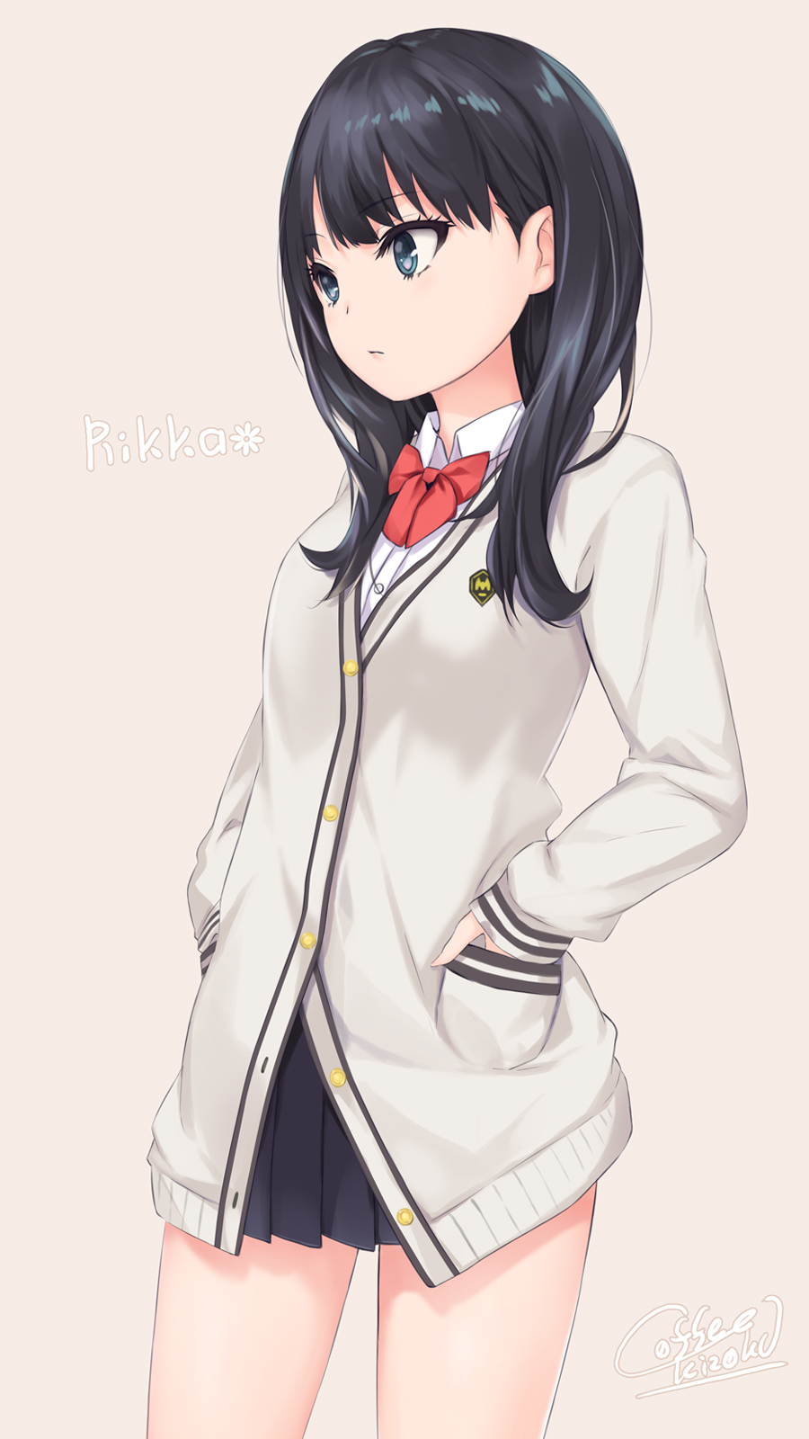 1girl black_hair blue_eyes bow cardigan closed_mouth coffee-kizoku cowboy_shot eyebrows_visible_through_hair facing_viewer highres legs_apart long_hair long_sleeves miniskirt pleated_skirt school_uniform signature simple_background skirt solo ssss.gridman standing takarada_rikka