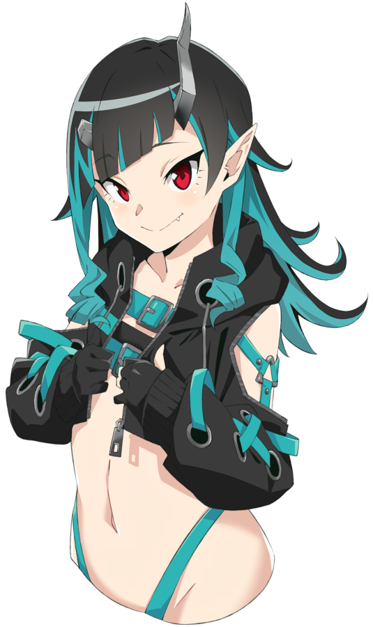 1girl akitetsu bangs belt beltbra black_gloves black_hair black_jacket blue_belt blue_hair blue_panties blush chest_belt closed_mouth clothing_cutout cropped_jacket cropped_torso cross-laced_sleeves demon_girl demon_horns eyebrows_visible_through_hair fang fang_out flat_chest gloves highleg highleg_panties horns jacket long_hair long_sleeves looking_at_viewer midriff multicolored_hair navel open_clothes open_jacket panties partially_fingerless_gloves pointy_ears red_eyes shishio_chris shoulder_cutout simple_background smile solo sugar_lyric transparent_background two-tone_hair underwear upper_body virtual_youtuber zipper