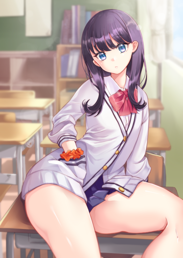 1girl blue_eyes bow bowtie cardigan classroom closed_mouth commentary_request hand_in_pocket head_tilt indoors legs looking_at_viewer nekomiya_noru_(yuduki710) purple_hair red_neckwear shirt short_hair sitting solo ssss.gridman takarada_rikka thighs white_cardigan white_shirt