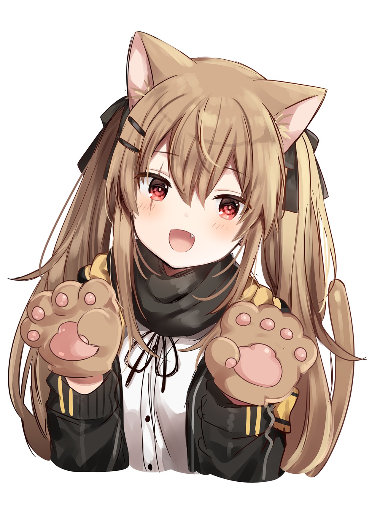 1girl animal_ears black_ribbon blush brown_hair cat_ears cat_tail eyebrows_visible_through_hair fang girls_frontline hair_ornament hair_ribbon hairclip highres long_hair long_sleeves looking_at_viewer mafuyu_(chibi21) open_mouth red_eyes ribbon scar scar_across_eye simple_background smile solo tail twintails ump9_(girls_frontline) upper_body white_background