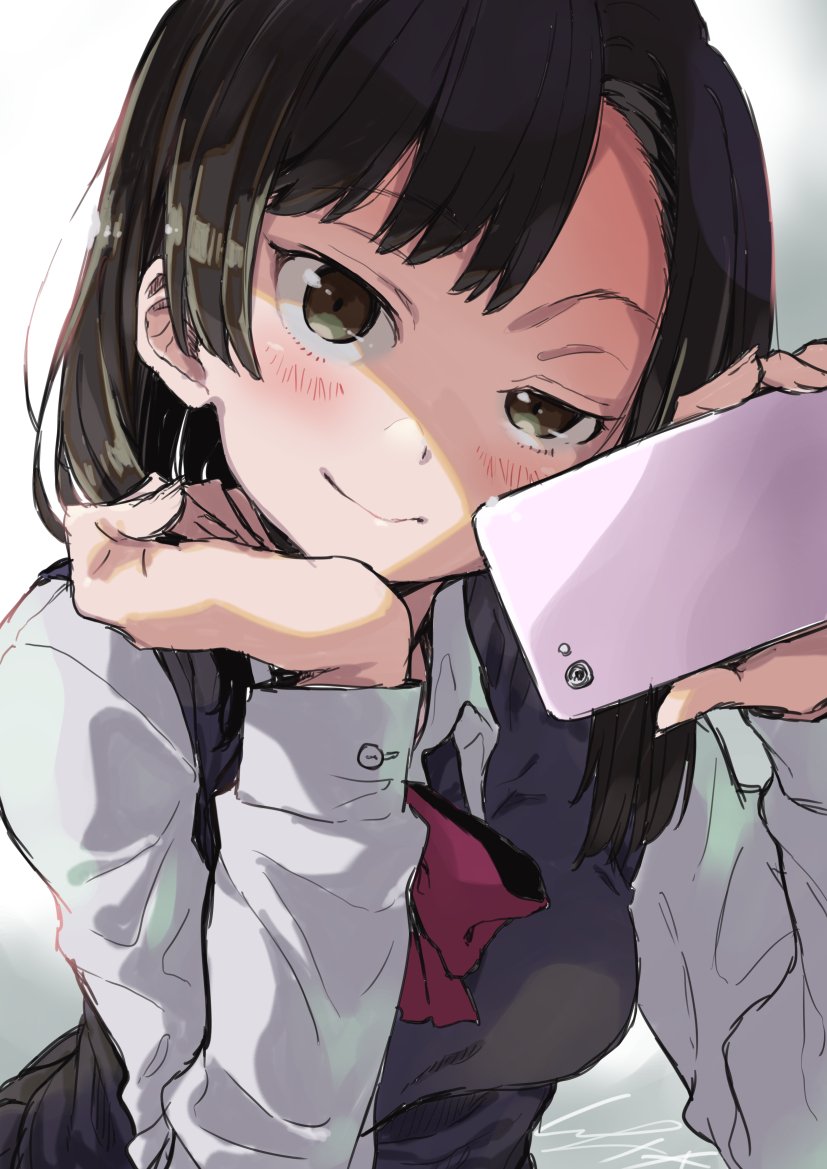 1girl bangs black_hair blush brown_eyes cellphone chin_rest commentary_request holding holding_cellphone holding_phone io_naomichi long_hair long_sleeves looking_at_viewer neckerchief original phone school_uniform smartphone smile smirk smug solo uneven_eyes vest