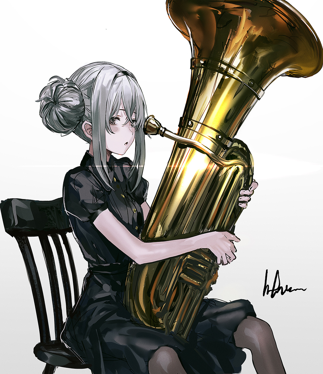 1girl bangs black_dress black_hairband black_legwear blush blush_stickers breasts buttons chair double_bun dress g11_(girls_frontline) girls_frontline hair_between_eyes hairband highres holding holding_instrument infukun instrument long_hair looking_at_viewer open_mouth pantyhose short_sleeves sidelocks signature silver_hair sitting small_breasts solo tuba
