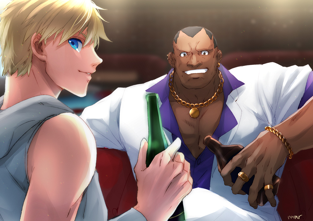 2boys beer_bottle black_hair blonde_hair blue_eyes bracelet brown_eyes buzz_cut chain chains commentary_request dark_skin ear_piercing earrings ed_(street_fighter) frogcage gold_chain hood hoodie jewelry legs_crossed looking_at_viewer looking_back m_bison male_focus multiple_boys nightclub piercing ring short_hair sitting sleeveless sleeveless_hoodie street_fighter teenage very_dark_skin very_short_hair