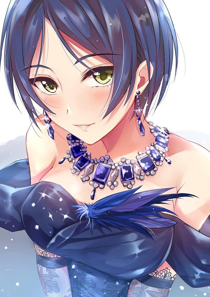 1girl bangs blue_hair breasts cleavage earrings elbow_gloves gloves grey_gloves gu_li hayami_kanade idolmaster idolmaster_cinderella_girls jewelry looking_at_viewer medium_breasts necklace parted_bangs parted_lips pretty_liar_(idolmaster) print_gloves shiny shiny_hair short_hair smile solo strapless upper_body yellow_eyes
