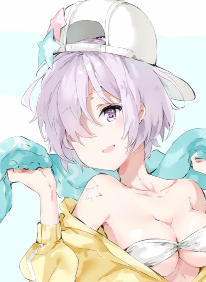 alternate_costume backwards_hat bare_shoulders bb_(fate)_(all) bb_(fate/extra_ccc) breasts chuchugou cleavage collarbone fate/grand_order fate_(series) hair_over_one_eye hat lavender_hair mash_kyrielight open_mouth pink_hair smile star_tattoo tattoo violet_eyes