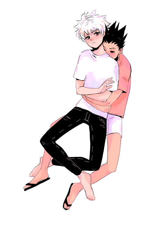 2boys artist_name black_footwear black_hair black_pants closed_mouth commentary commentary_typo denise_(pfeffersteak) english_commentary eyebrows_visible_through_hair full_body gon_freecss hug hug_from_behind hunter_x_hunter killua_zoldyck multiple_boys pants pink_shirt sandals shirt short_sleeves shorts simple_background spiky_hair white_background white_hair white_shirt white_shorts yaoi