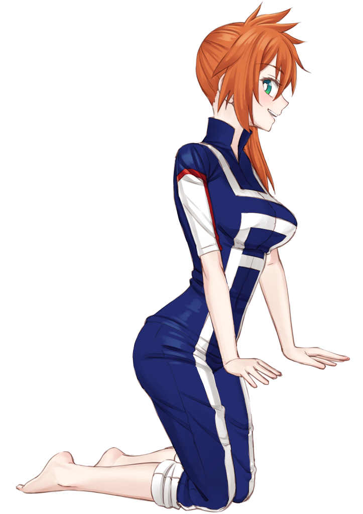 1girl aqua_eyes barefoot blush boku_no_hero_academia breasts commentary_request easy_(aqk7bdqt) kendou_itsuka kneeling large_breasts long_hair looking_at_viewer looking_to_the_side orange_hair side_ponytail simple_background smile solo track_suit u.a._gym_uniform white_background