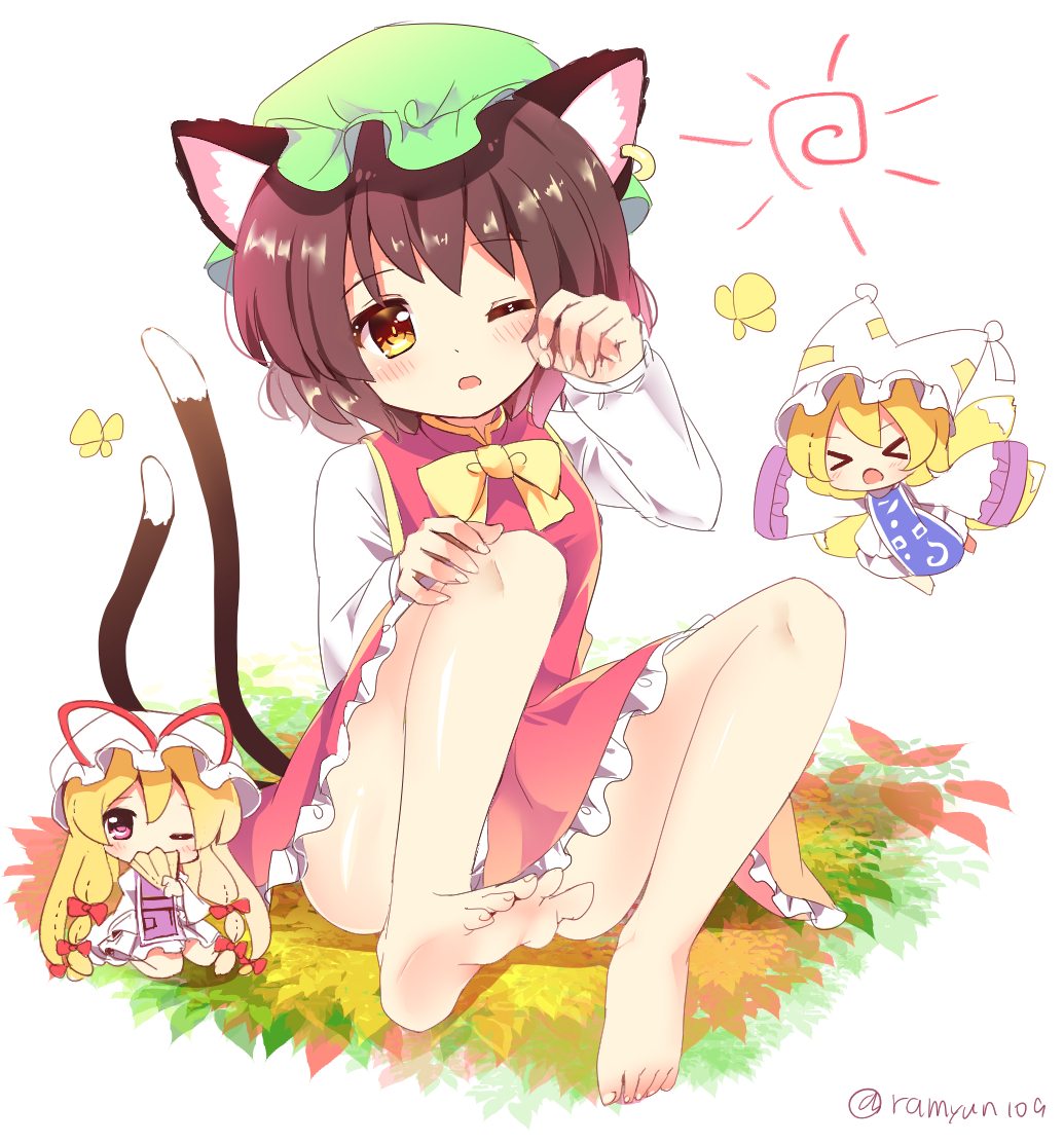 &gt;_&lt; 3girls animal_ear_fluff animal_ears artist_name ass bangs bare_legs barefoot blonde_hair bow bowtie breasts brown_hair bug butterfly cat_ears cat_tail chen chibi commentary_request covered_mouth dress earrings eyebrows_visible_through_hair fan flying folding_fan fox_tail full_body green_hat hair_bow hand_up hat hat_ribbon holding holding_fan insect jewelry knees_up long_hair long_sleeves looking_at_viewer mob_cap multiple_girls multiple_tails nekomata open_mouth outstretched_arms petticoat pillow_hat ramudia_(lamyun) red_bow red_dress red_ribbon ribbon shadow shiny shiny_skin shirt short_hair simple_background sitting small_breasts sun_(symbol) tabard tail thighs touhou twitter_username two_tails very_long_hair violet_eyes white_background white_dress white_hat white_shirt wide_sleeves yakumo_ran yakumo_yukari yellow_bow yellow_eyes yellow_neckwear