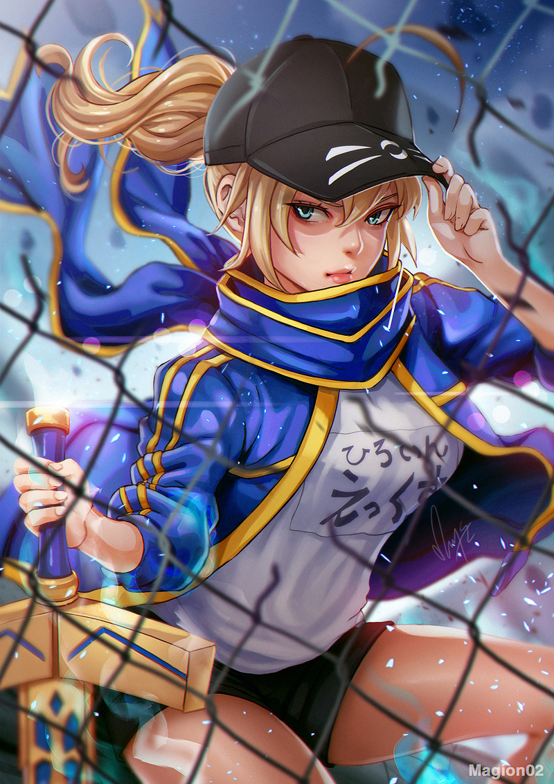 1girl ahoge artoria_pendragon_(all) baseball_cap black_hat black_shorts blonde_hair blue_eyes blue_jacket blue_scarf chain-link_fence closed_mouth commentary english_commentary excalibur fate/grand_order fate_(series) fence hair_through_headwear hat holding holding_sword holding_weapon jacket looking_to_the_side magion02 mysterious_heroine_x open_clothes open_jacket ponytail scarf shirt shorts sword touching_hat track_jacket weapon white_shirt