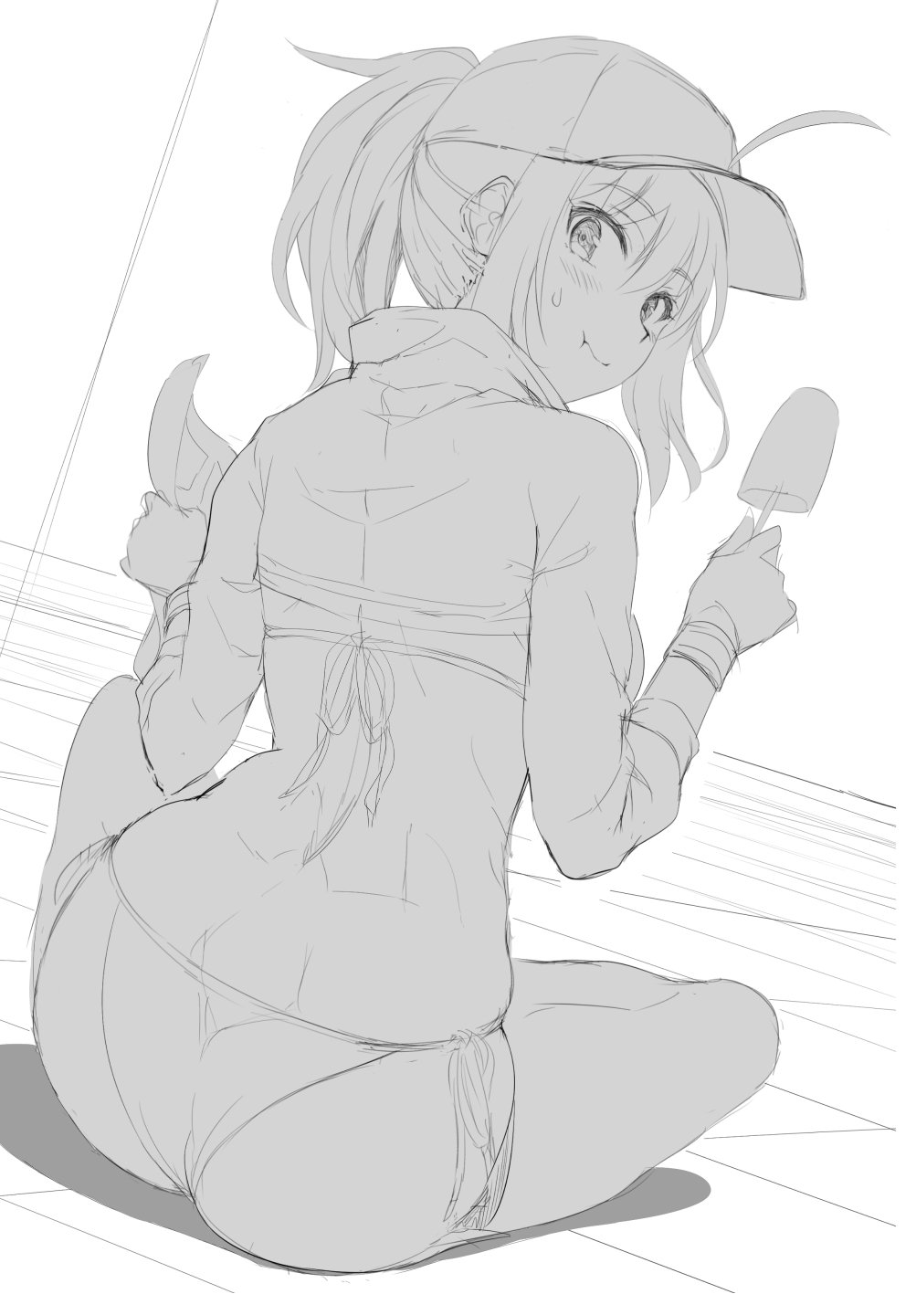 1girl akita_hika artoria_pendragon_(all) ass baseball_cap bikini fate/grand_order fate_(series) food greyscale hat highres monochrome mysterious_heroine_xx_(foreigner) ponytail popsicle shrug_(clothing) sitting sketch swimsuit