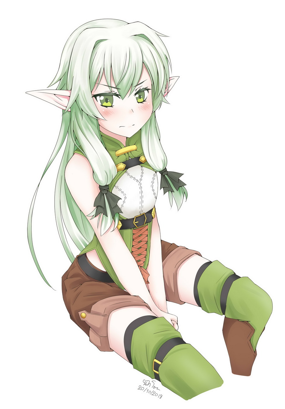 1girl bare_shoulders blush boots bow dated elf flat_chest goblin_slayer! green_eyes green_hair hair_bow half-closed_eyes high_elf_archer_(goblin_slayer!) highres long_hair looking_at_viewer pointy_ears shorts sidelocks signature simple_background sitting sleeveless thigh-highs thigh_boots white_background