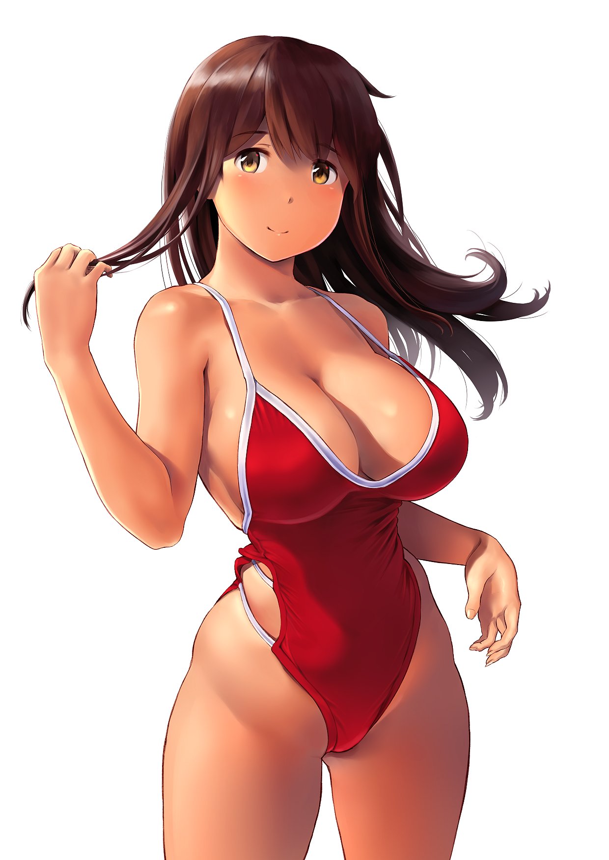 1girl akagi_(kantai_collection) bangs bare_shoulders blush breasts brown_eyes brown_hair cleavage closed_mouth collarbone highleg highleg_swimsuit highres hips holding holding_hair kantai_collection large_breasts long_hair looking_at_viewer one-piece_swimsuit red_swimsuit simple_background smile solo straight_hair swimsuit tan thighs wa_(genryusui) waist white_background