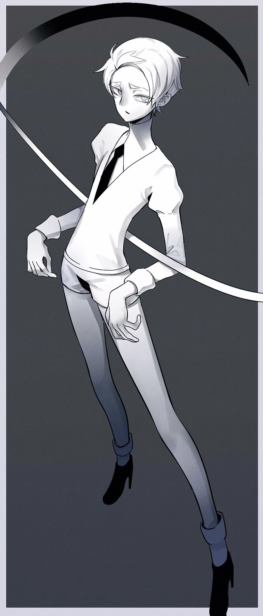 1other androgynous cairngorm_(houseki_no_kuni) colored_eyelashes full_body gem_uniform_(houseki_no_kuni) high_heels highres houseki_no_kuni looking_at_viewer necktie scythe short_hair solo st_(youx1119) thick_eyebrows weapon white_eyes white_hair white_skin