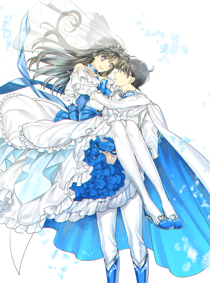 1boy 1girl :d blue_footwear blue_gloves bridal_veil brown_hair carrying couple dress elbow_gloves eye_contact floating_hair gloves high_heels jacket kudou_shin'ichi long_dress long_hair looking_at_another meitantei_conan mouri_ran open_mouth pants princess_carry ro-a short_sleeves simple_background smile veil very_long_hair violet_eyes wedding_dress white_background white_dress white_gloves white_jacket white_legwear white_pants