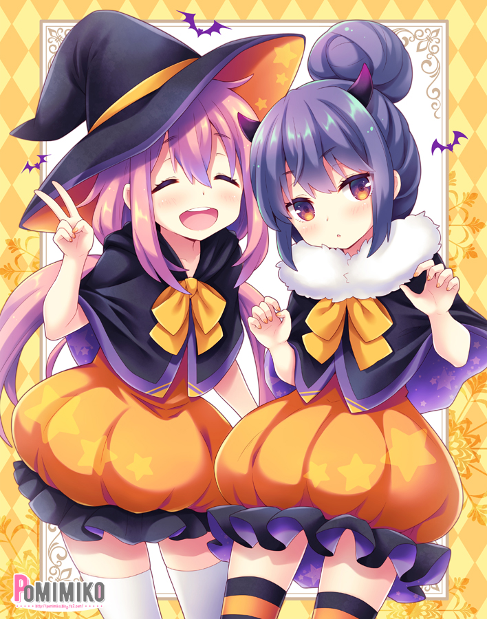 2girls :d argyle argyle_background artist_name bat blue_hair blush brown_eyes capelet closed_eyes demon_horns eyebrows_visible_through_hair hair_between_eyes hair_bun halloween hat head_tilt horns kagamihara_nadeshiko long_hair looking_at_viewer low_twintails multiple_girls open_mouth parted_lips pink_hair pomimiko shima_rin smile star star_print striped striped_legwear thigh-highs twintails v very_long_hair watermark web_address white_legwear witch witch_hat yurucamp