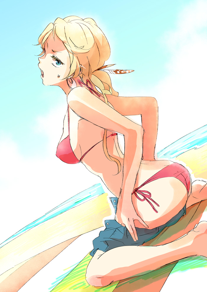 1girl beach blonde_hair blue_eyes breasts chimaki_(impressiveanarchy) commentary_request earrings jewelry long_hair looking_at_viewer medium_breasts midriff myriam_(saga) open_mouth romancing_saga romancing_saga_minstrel_song saga sideboob solo swimsuit undressing