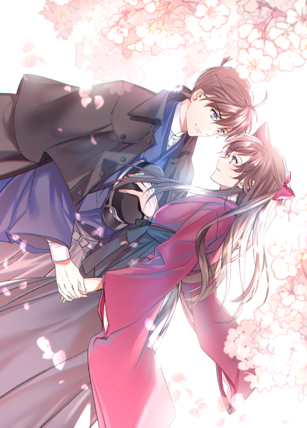 1boy 1girl black_hakama blue_kimono bow brown_hair cherry_blossoms couple dutch_angle eye_contact floating_hair green_eyes grey_hakama hair_bow hakama hand_holding japanese_clothes kimono kudou_shin'ichi long_hair looking_at_another meitantei_conan mouri_ran parted_lips red_bow red_kimono ro-a smile standing violet_eyes