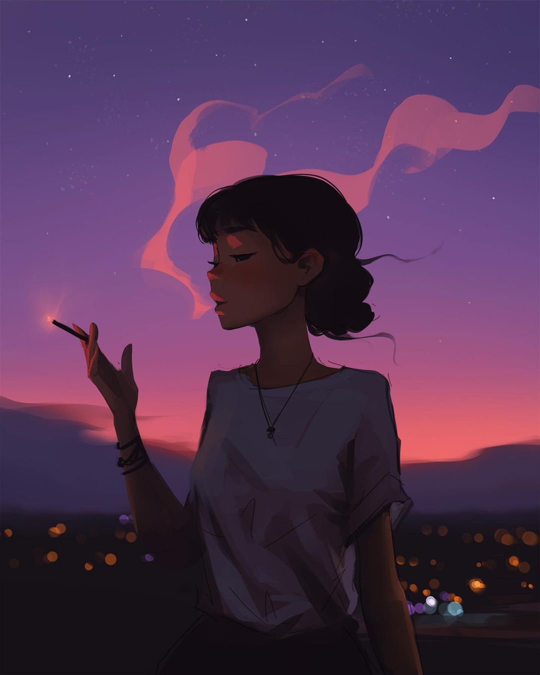 1girl blurry blurry_background cigarette hand_up highres jewelry necklace night outdoors parted_lips sam_yang short_hair short_sleeves sky smoke smoking solo star_(sky) starry_sky
