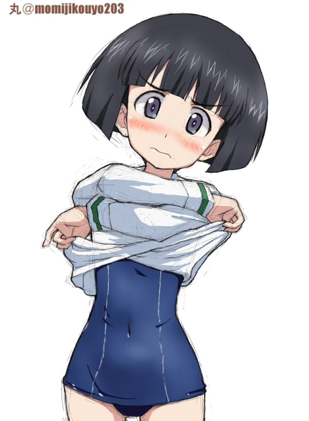 1girl artist_name bangs black_eyes black_hair blouse blue_swimsuit blunt_bangs blush bob_cut closed_mouth commentary covered_navel cowboy_shot embarrassed frown girls_und_panzer kayabakoro lifted_by_self long_sleeves looking_at_viewer old_school_swimsuit ooarai_school_uniform school_swimsuit school_uniform shirt_lift short_hair simple_background solo sono_midoriko standing swimsuit swimsuit_under_clothes twitter_username undressing wavy_hair white_background white_blouse