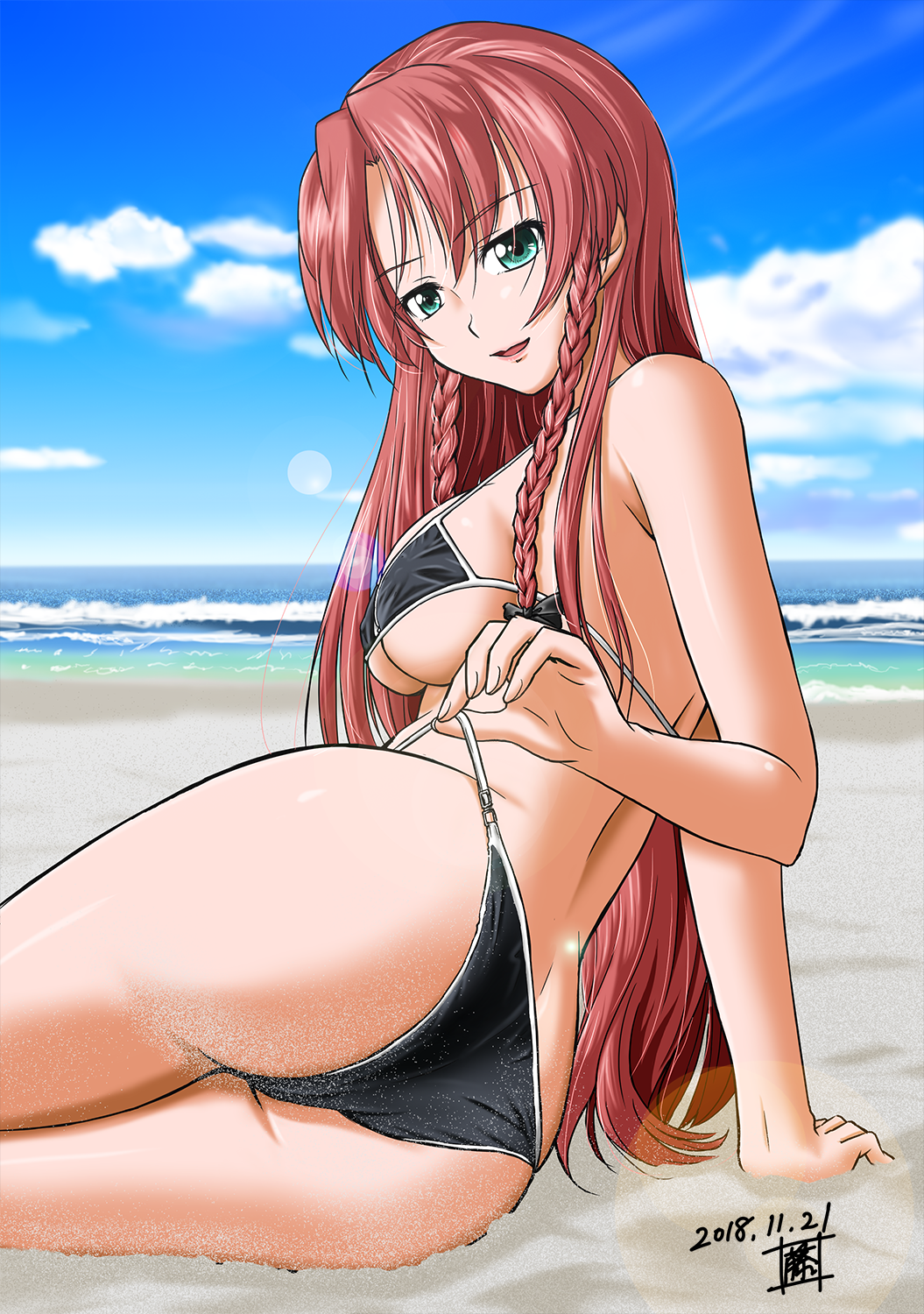 ass beach bikini black_bikini blue_eyes braid breasts clouds commentary_request dated day eyebrows_visible_through_hair graphite_(medium) hair_between_eyes highres hong_meiling large_breasts long_hair looking_at_viewer mechanical_pencil ocean pencil redhead sand sand_on_skin shino-puchihebi side_braids signature sitting smile swimsuit touhou traditional_media under_boob very_long_hair