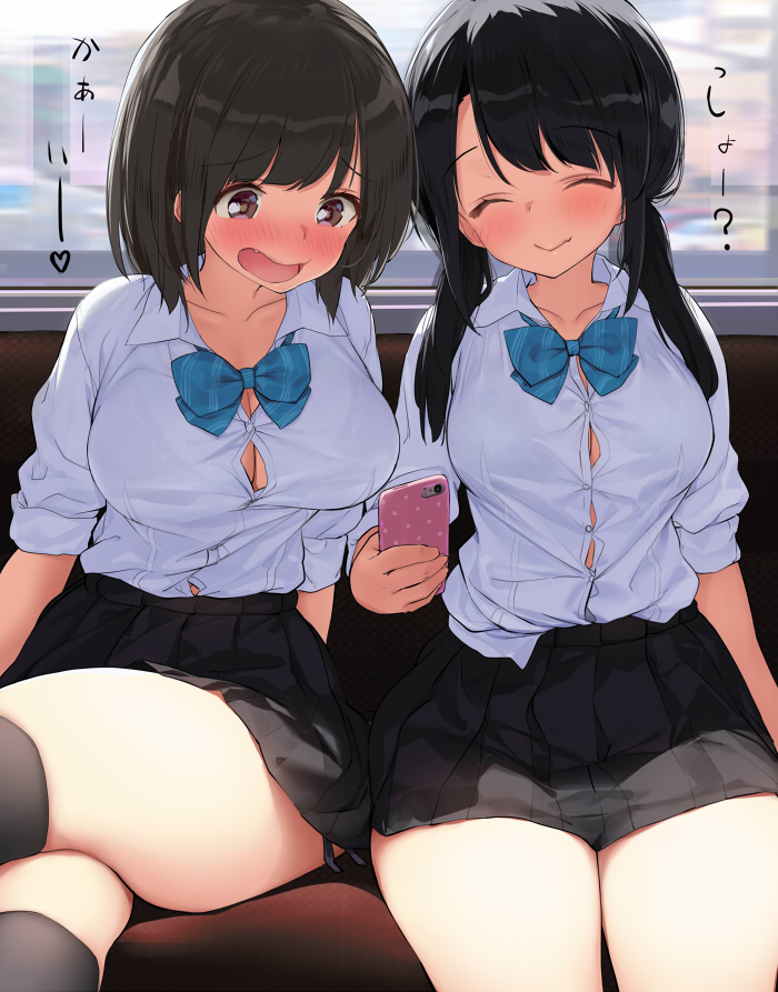 2girls :d ^_^ black_hair black_legwear blush bow bowtie bra breasts brown_eyes brown_hair bursting_breasts cellphone cleavage closed_eyes closed_eyes cowboy_shot eyebrows_visible_through_hair fang fang_out hair_over_shoulder kaisen_chuui large_breasts legs_crossed long_hair low_twintails miniskirt multiple_girls open_mouth original panties phone school_uniform see-through short_hair side-tie_panties sitting skirt smartphone smile thigh-highs thighs twintails underwear