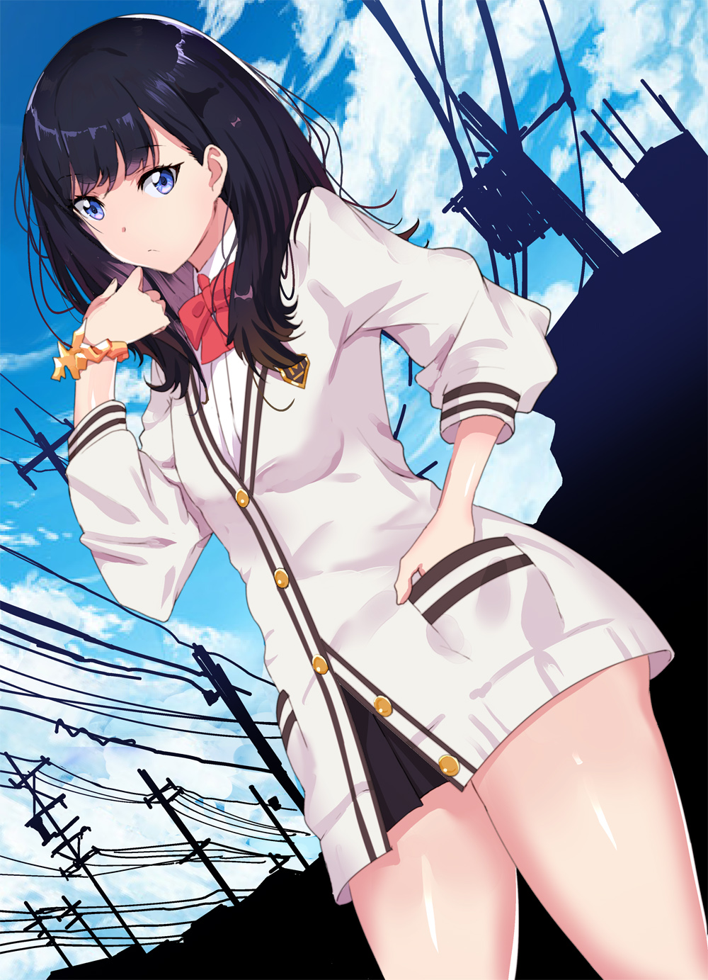 1girl bangs black_hair black_skirt blue_eyes blue_sky bow breasts buttons closed_mouth hand_in_pocket highres hips long_hair long_sleeves looking_at_viewer pleated_skirt power_lines red_neckwear school_uniform scrunchie skirt sky small_breasts solo ssss.gridman sweater swept_bangs takarada_rikka thighs white_sweater wrist_scrunchie yuu_(asaiyuji)