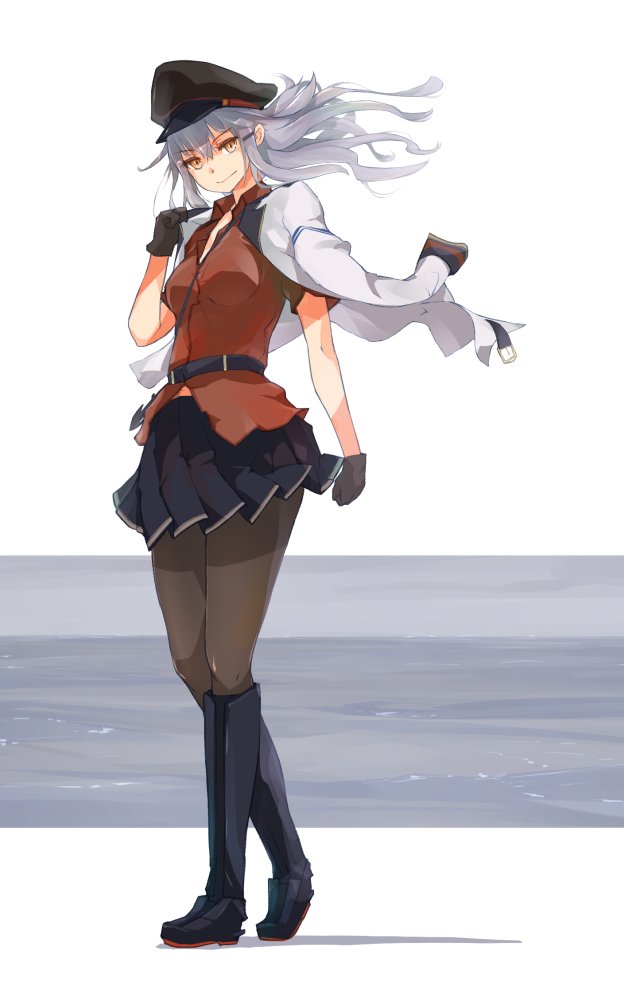 1girl belt black_gloves black_legwear black_skirt boots breasts commentary_request flat_cap full_body gangut_(kantai_collection) gloves grey_hair hat jacket jacket_on_shoulders kantai_collection long_hair medium_breasts military_hat military_jacket ocean orange_eyes pantyhose peaked_cap pleated_skirt red_shirt shirt short_sleeves simple_background skirt solo white_background white_jacket yamaioni_(sasakama)