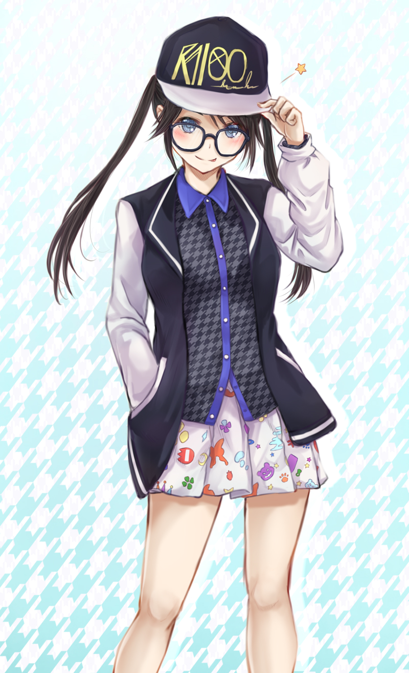 1girl :p arigato_(rmskrtkdlqj) arm_up bare_legs baseball_cap black-framed_eyewear black_hair black_hat black_jacket black_shirt blue_eyes blush breasts closed_mouth clothes_writing collared_shirt commentary_request feet_out_of_frame glasses hand_in_pocket hand_on_headwear hat highres idolmaster idolmaster_shiny_colors jacket legs_apart long_hair long_sleeves looking_at_viewer miniskirt mitsumine_yuika open_clothes open_jacket patterned_background patterned_clothing pleated_skirt print_skirt raglan_sleeves shirt skirt small_breasts solo standing star tongue tongue_out twintails two-tone_background unmoving_pattern white_skirt white_sleeves