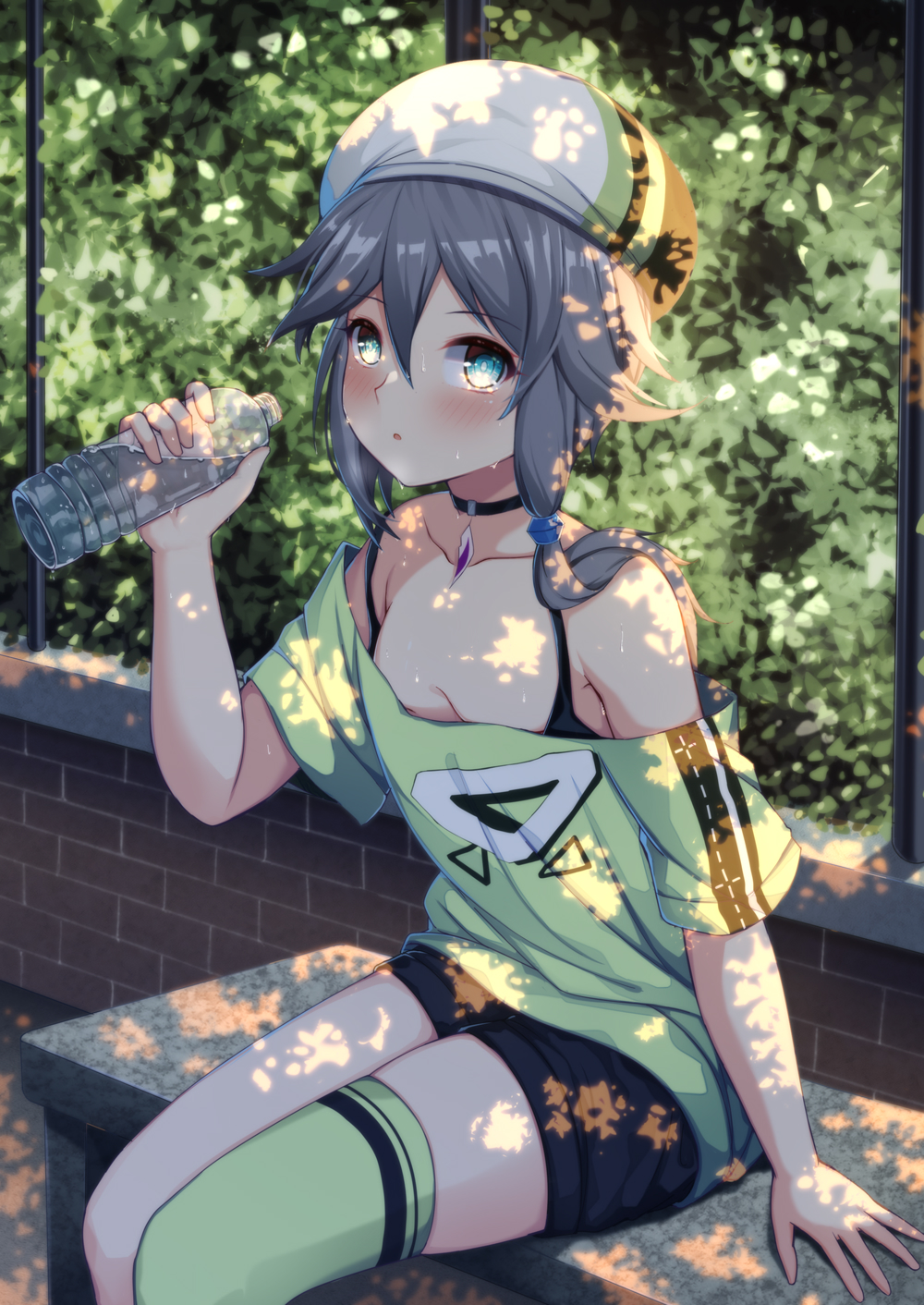 1girl arm_support bangs bare_shoulders bench beret black_shorts blue_eyes blush bottle breasts cleavage commentary_request day eyebrows_visible_through_hair green_legwear green_shirt grey_hair hair_between_eyes hat highres holding holding_bottle honkai_impact long_hair looking_at_viewer off-shoulder_shirt on_bench outdoors parted_lips qunqing shirt short_shorts short_sleeves shorts single_thighhigh sitting small_breasts solo sweat thigh-highs transparent water water_bottle white_hat