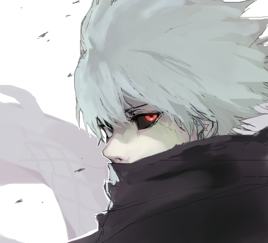 1boy black_eyes black_sclera covered_mouth heterochromia kagune_(tokyo_ghoul) kaneki_ken kmj7457451 looking_at_viewer male_focus medium_hair red_eyes solo tokyo_ghoul white_background white_hair