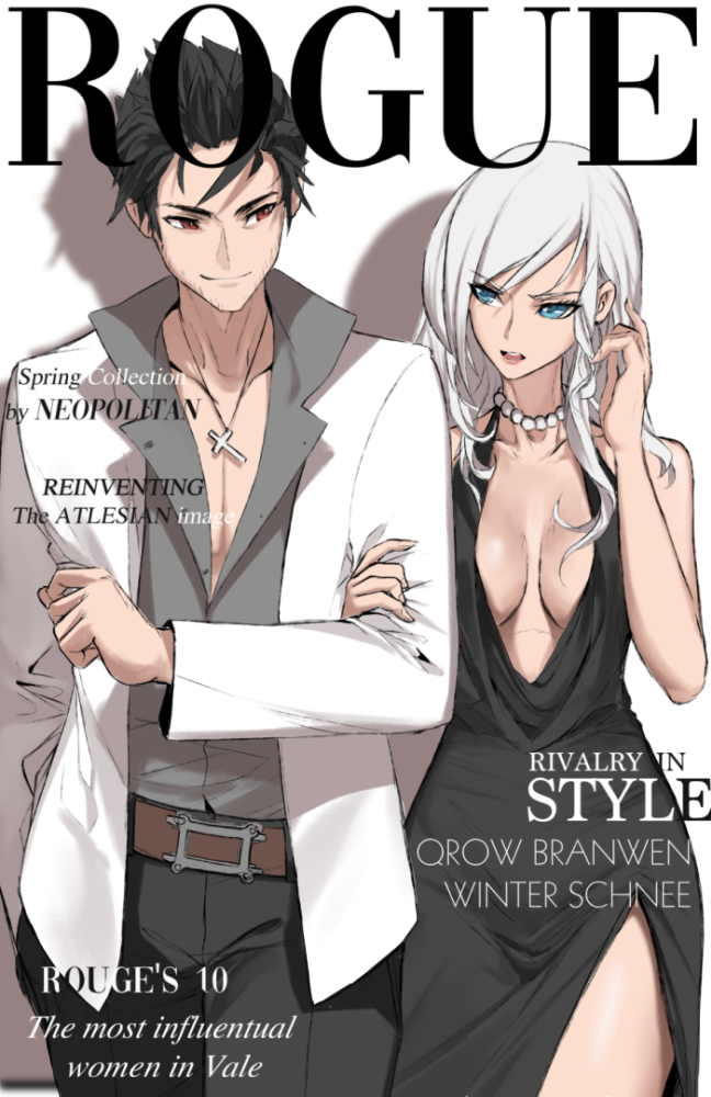 1boy 1girl alternate_costume bangs bare_arms bare_shoulders belt belt_buckle black_hair black_pants blue_eyes breasts buckle character_name cleavage collarbone commentary cover cowboy_shot cross cross_necklace dishwasher1910 dress english_commentary evening_gown eye_contact eyebrows_visible_through_hair facial_hair fake_cover forehead formal grey_skirt hand_in_pocket hand_on_another's_arm hand_up holding_arm jacket jewelry lipstick long_hair long_sleeves looking_at_another looking_to_the_side makeup medium_breasts necklace open_clothes open_jacket open_mouth pants pearl_necklace pelvic_curtain qrow_branwen red_eyes red_lips rwby shadow sidelocks simple_background skirt stubble swept_bangs v-shaped_eyebrows weiss_schnee white_background white_hair white_jacket