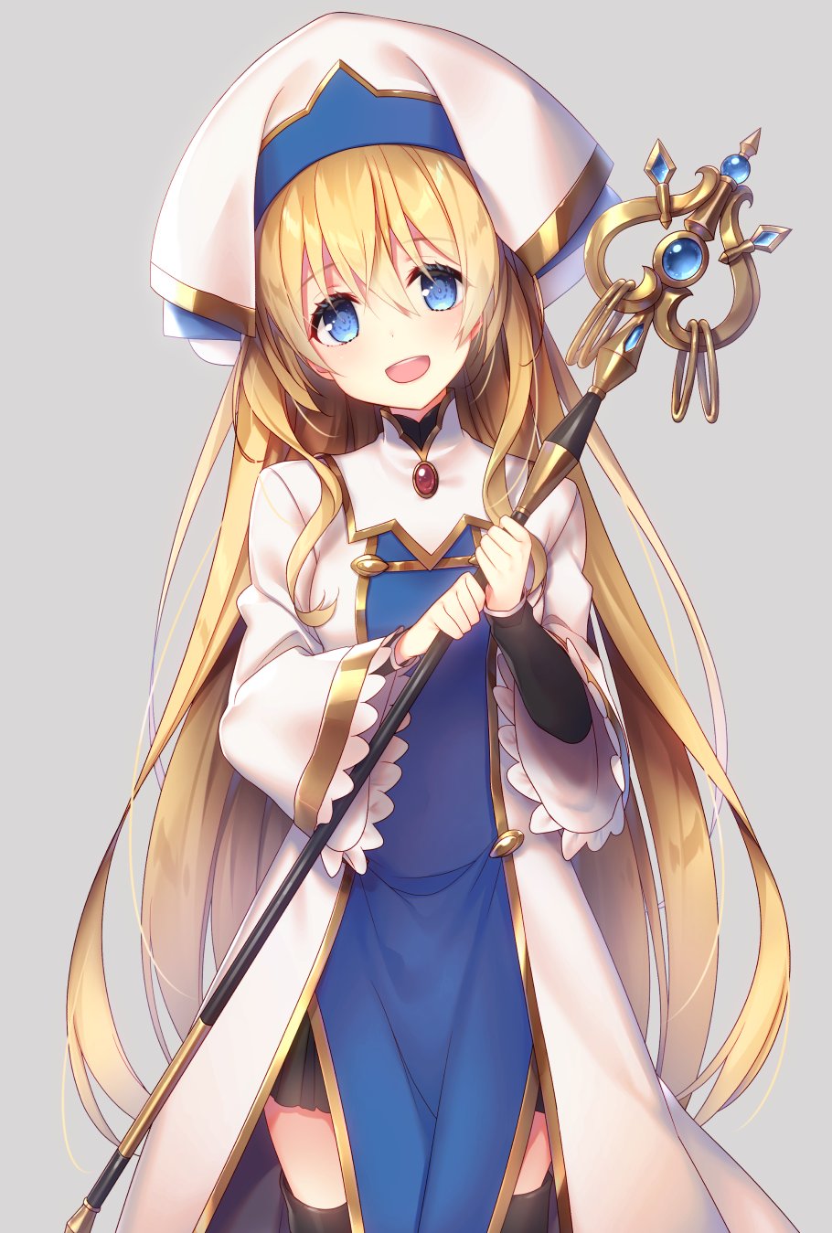 1girl black_legwear blue_eyes cleric commentary_request goblin_slayer! hat highres holding holding_weapon long_hair looking_at_viewer open_mouth priestess_(goblin_slayer!) simple_background solo staff tahya thigh-highs weapon