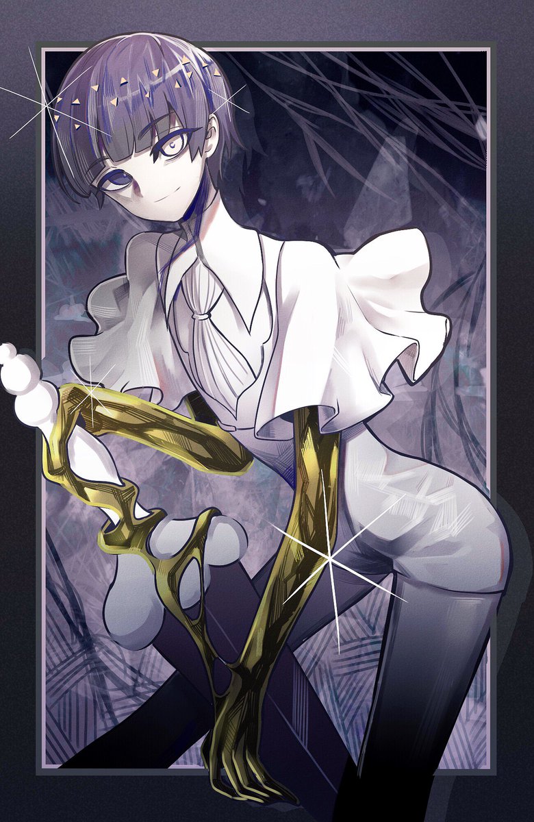 1other androgynous bangs blue_eyes blue_hair blunt_bangs eyebrows_visible_through_hair gold golden_arms heterochromia highres houseki_no_kuni looking_at_viewer necktie phosphophyllite phosphophyllite_(ll) short_hair smile solo spoilers st_(youx1119) sword weapon white_eyes white_skin