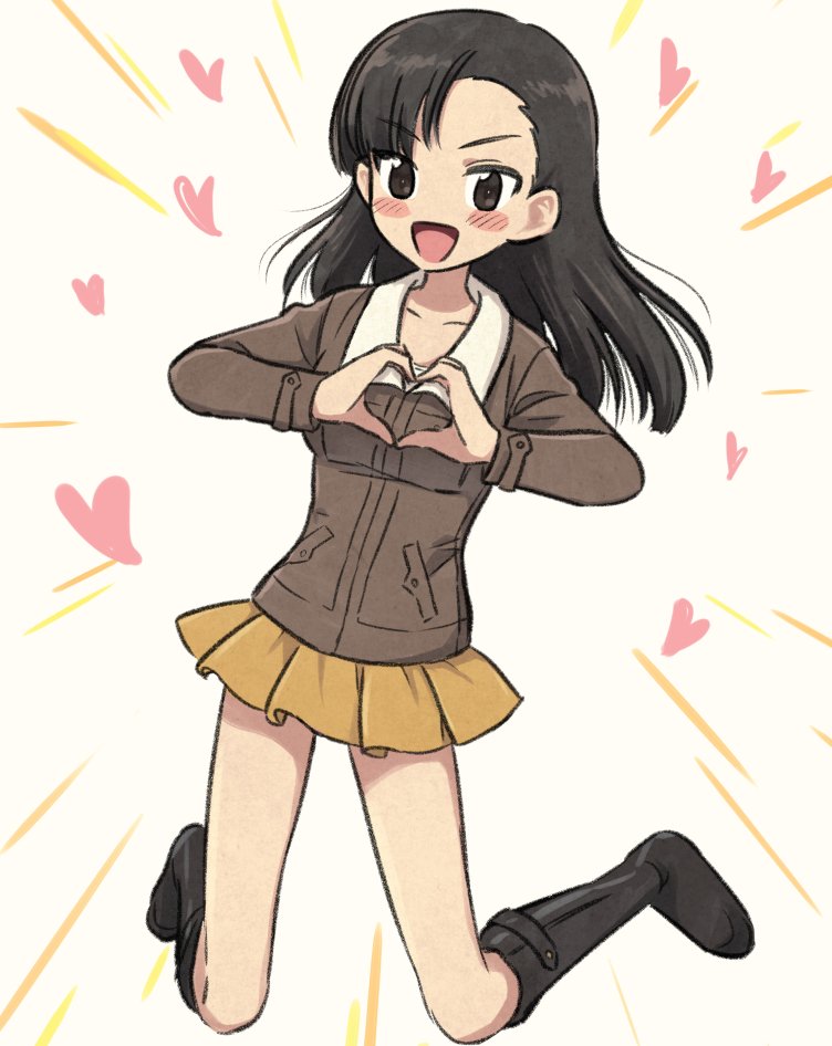 1girl asymmetrical_bangs bangs black_footwear blush_stickers boots brown_eyes brown_hair brown_jacket commentary full_body girls_und_panzer heart heart_hands jacket jumping knee_boots light_rays long_hair long_sleeves looking_at_viewer meis_(terameisu) military military_uniform miniskirt nishi_kinuyo open_mouth pleated_skirt shirt skirt smile solo uniform v-shaped_eyebrows white_shirt yellow_skirt