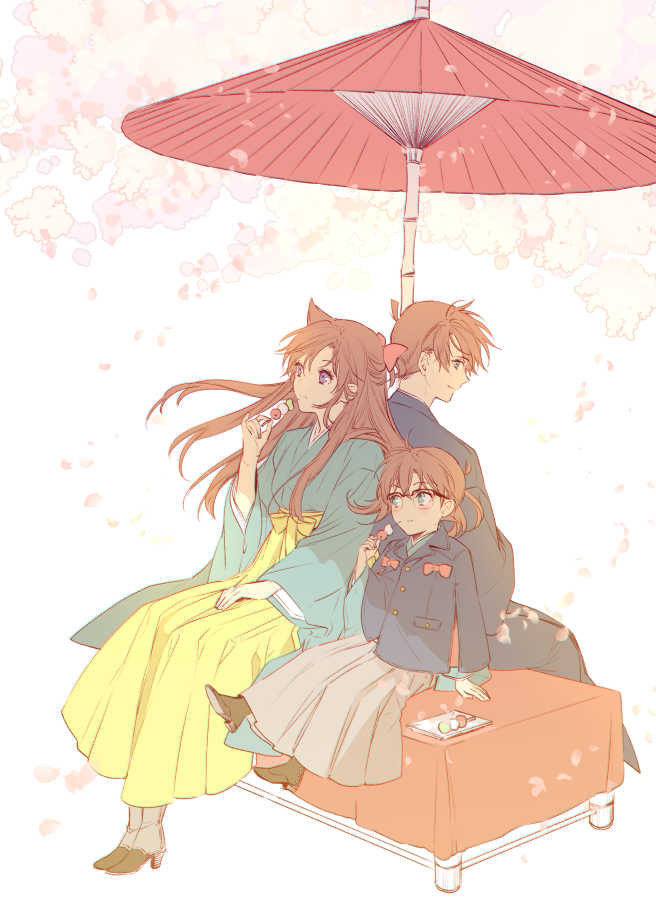 1girl 2boys back-to-back blue_eyes blue_jacket blue_kimono bow brown_hair dango edogawa_conan eyes floating_hair food grey_hakama hair_bow hakama holding holding_food jacket japanese_clothes kimono kudou_shin'ichi long_hair meitantei_conan mouri_ran multiple_boys oriental_umbrella over-rim_eyewear pink_eyes red_bow red_umbrella ro-a semi-rimless_eyewear simple_background sitting smile umbrella wagashi white_background yellow_hakama