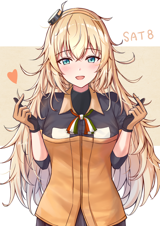 1girl bangs blonde_hair blue_eyes blush breasts character_name eyebrows_visible_through_hair floating_heart girls_frontline gloves hair_between_eyes hair_ornament hairband hands_up italian_flag_neckwear jacket long_hair looking_at_viewer mango_(mgo) medium_breasts messy_hair neck_ribbon open_mouth orange_hairband pleated_skirt ribbon s.a.t.8_(girls_frontline) sidelocks simple_background skirt smile solo standing very_long_hair