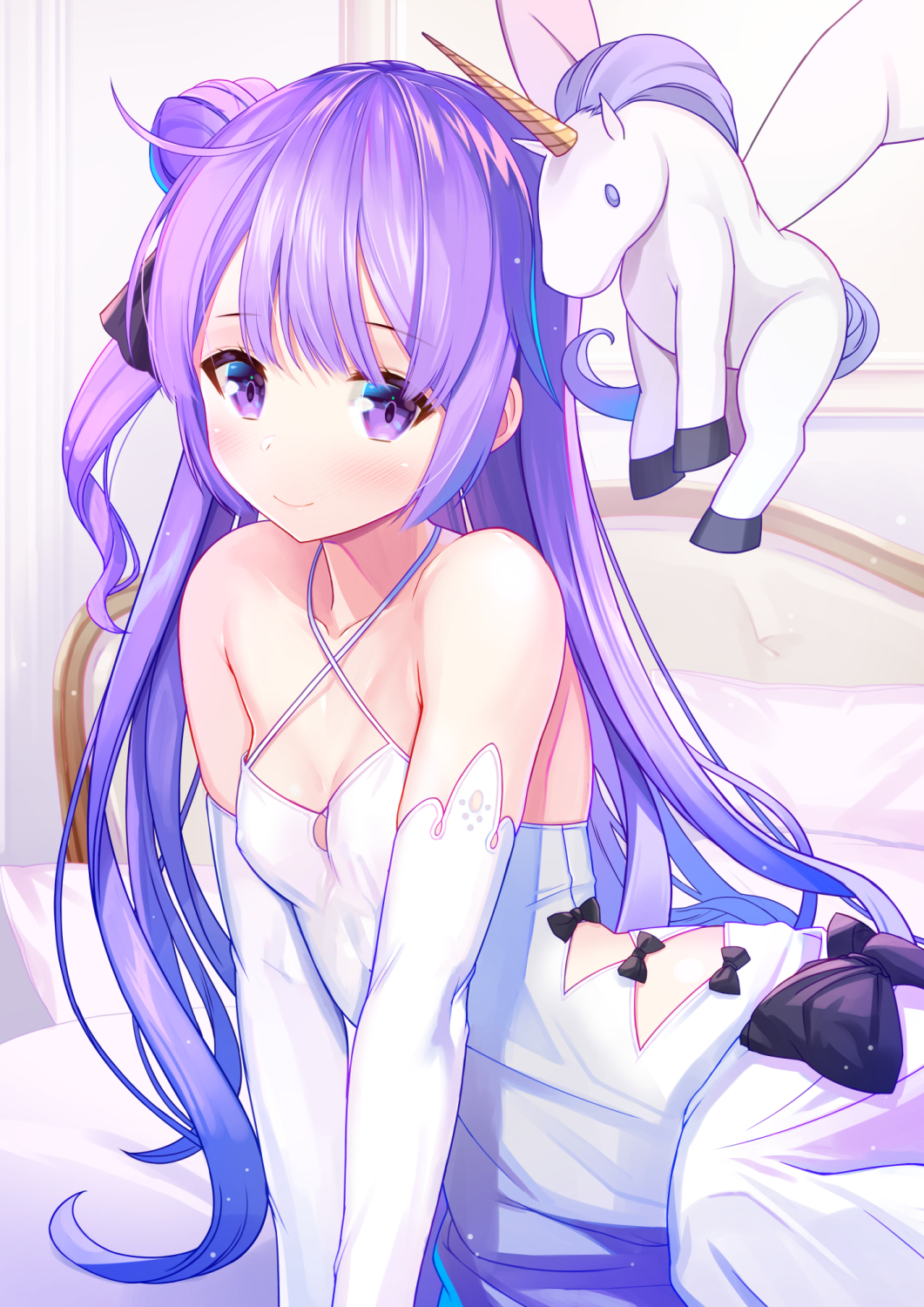 1girl ahoge atori azur_lane black_bow black_ribbon blush bow breasts closed_mouth collarbone criss-cross_halter detached_sleeves dress eyebrows_visible_through_hair hair_bun hair_ribbon halterneck highres long_hair looking_at_viewer one_side_up purple_hair ribbon side_bun sitting small_breasts smile solo stuffed_alicorn stuffed_animal stuffed_toy stuffed_unicorn unicorn_(azur_lane) v_arms very_long_hair violet_eyes white_dress