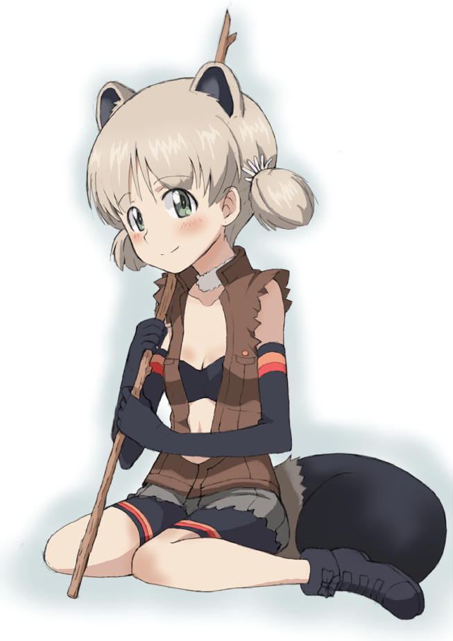 1girl aki_(girls_und_panzer) american_beaver_(kemono_friends) american_beaver_(kemono_friends)_(cosplay) animal_ears anklet bangs beaver_ears beaver_tail bike_shorts black_bikini_top black_footwear black_gloves black_shorts breasts brown_jacket cleavage closed_mouth commentary cosplay elbow_gloves eyebrows_visible_through_hair full_body fur_collar girls_und_panzer gloves green_eyes hair_tie holding jacket jewelry kayabakoro light_brown_hair looking_at_viewer navel open_clothes open_jacket short_hair short_twintails shorts sitting sleeveless_jacket small_breasts smile solo stick tail torn_clothes torn_sleeves twintails